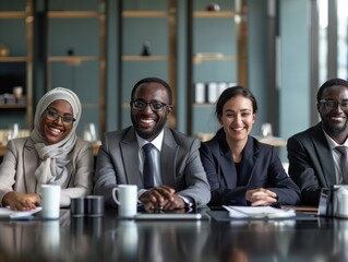 Smiling diverse business group at table, conference room, cinematic lighting, professional color, sharp focus.