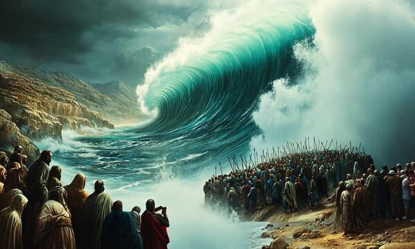 
A dramatic depiction of the israelites' miraculous escape through the parted red sea, showcasing the vibrant waves, determined expressions, and the looming figure of pharaoh's chariot in pursuit.