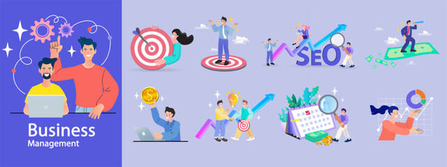 Fototapeta premium Financing business activities. Set of people in various activities of online business, startup, management, project development, communication, social media, data analysis. Business concept. vector