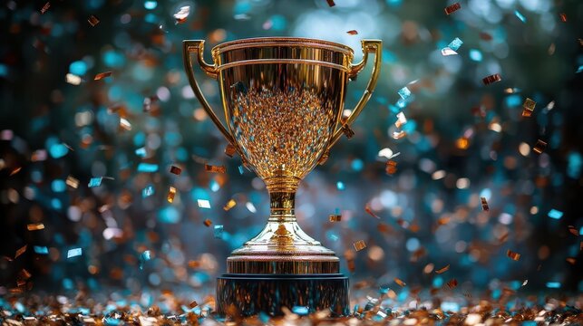 gleaming golden trophy surrounded by a whirlwind of metallic confetti and streamers dramatic lighting and motion blur convey the excitement of victory against a deep blue background