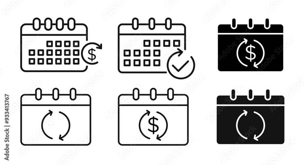 Poster subscription vector icon set. automatic monthly or annual subscription fee sign. auto subscribe fee 