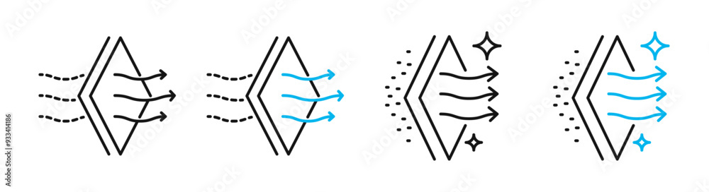 Poster filtration vector icon set. dust particle filter symbol. air purification purifier sign in black col