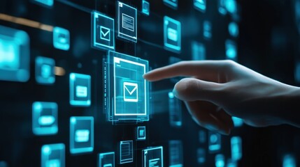 A hand interacting with a futuristic holographic interface showcasing floating email icons, symbolizing advanced digital communication technology and touch-based user interfaces.
