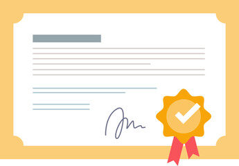 Diploma certificate with a golden seal and check mark indicating approval or achievement.