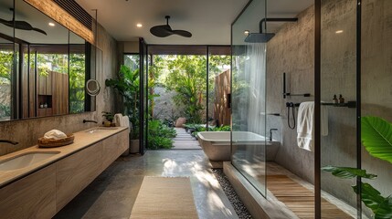 Fototapeta premium Relaxing bathroom with spa-like features, including a rainfall shower and natural materials