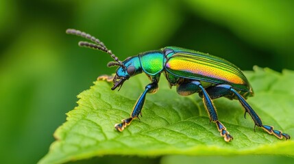 Naklejka premium A Vibrant Green Beetle on a Leaf