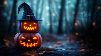 A stack of halloween pumpkins with glowing eyes, wearing witch's hat on top in an eerie dark forest, Halloween concept blur background with copy space