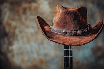 Brown cowboy hat resting on acoustic guitar