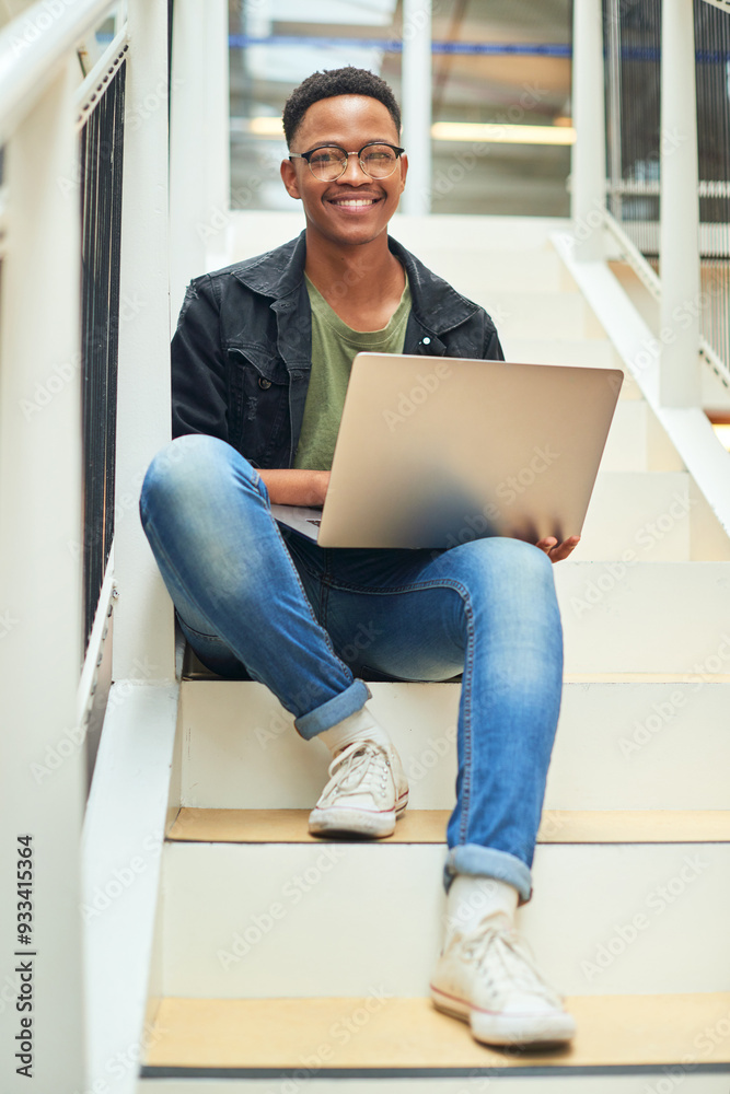 Poster laptop, portrait and businessman for social media, stairs for content project or online in office fo