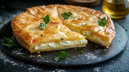 Burek with cheese - national dish, popular in the Balkans. Byrek traditional Albanian food made with cheese. Balkan Bakery Breakfast Serving of Byrek Cheese Pie with Feta and Flaky Filo Pastry