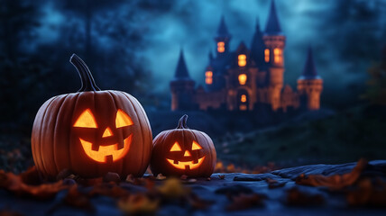 Fototapeta premium Jack O Lantern and castle in the background, night scene, Halloween concept