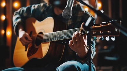 Obraz premium Singer-songwriter playing an acoustic guitar and singing into a microphone in a recording studio