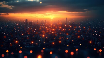 glowing network of interconnected nodes floating above nighttime cityscape digital tendrils link urban landscape to virtual world symbolizing smart city technology