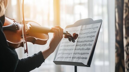 Violinist practicing in a studio with sheet music on a stand and soft natural light coming through a window