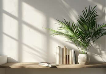 Fototapeta premium A modern shelf with books and a potted palm plant against a light wall, bathed in natural sunlight