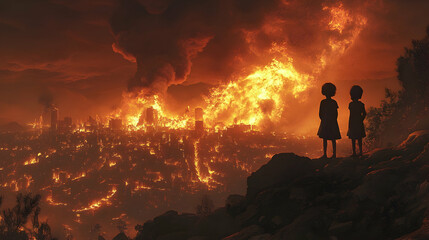 Two children stand on a rocky hillside, looking at a city in flames by AI generated image