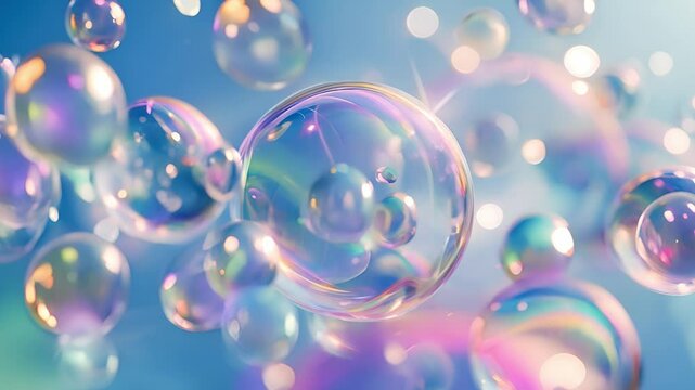 An iridescent orb, Bubble shimmering with iridescent colors float against a blue backdrop. Spherical and translucent, their surfaces reflect subtle rainbow hues	