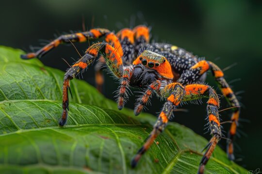 A close-up shot of a spider sitting on a leaf