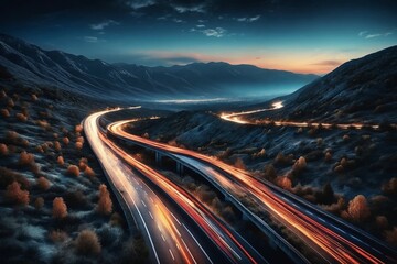 Nighttime Highway with Light Trails