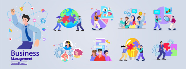 Financing business activities. Set of people in various activities of online business, startup, management, project development, communication, social media, data analysis. Business concept. vector