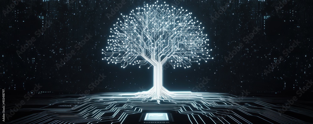 Fototapete Futuristic circuit board tree with interconnected digital branches depicting technological growth and innovation
