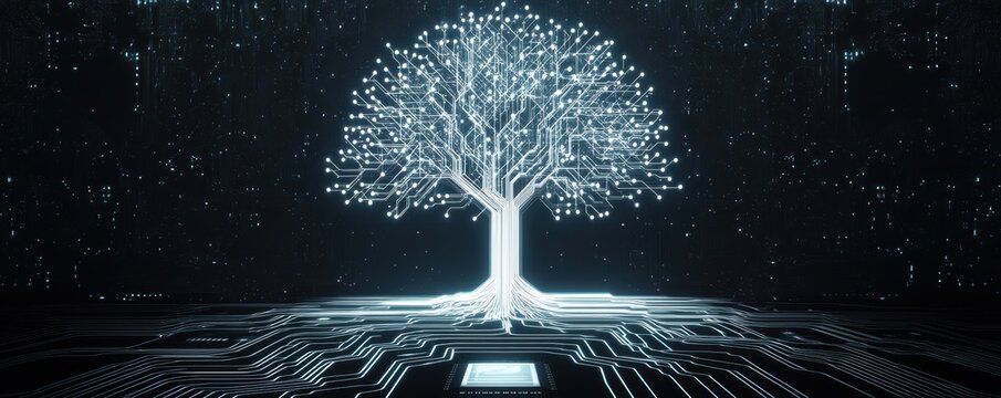 Futuristic circuit board tree with interconnected digital branches depicting technological growth and innovation