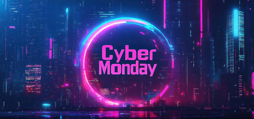 A neon sign with the words cyber monday in front of it, AI