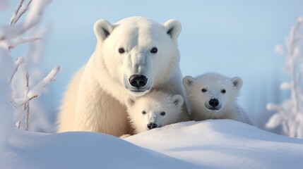 A mother polar bear protectively guarding her cubs, their white forms blending seamlessly with the snow-covered landscape