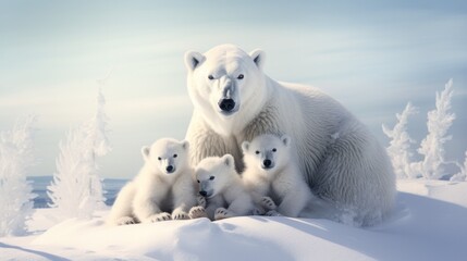 A mother polar bear protectively guarding her cubs, their white forms blending seamlessly with the snow-covered landscape