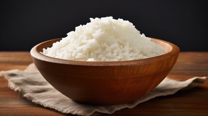 A mound of fluffy white rice, nestled in a rustic wooden bowl, casting a soft shadow on a clean white surface.