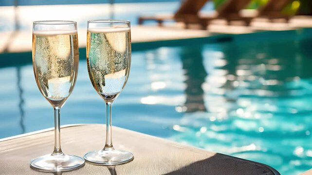 Two glasses of champagne on a table near a sun lounger and a pool with blue water, View from the hotel on background	