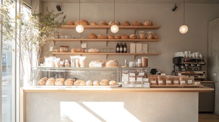 A cozy bakery interior with an assortment of bread on wooden shelves, pastries on display, and packaged goods for sale, bathed in natural light.