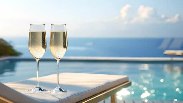 Two glasses of champagne on a table near a sun lounger and a pool with blue water, View from the hotel on background	