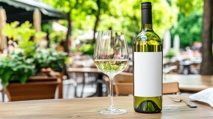 Two wine glasses and a bottle sit on a wooden table overlooking a city skyline as the sun sets, creating a serene atmosphere for relaxation