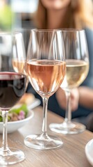 Four beautifully arranged wine glasses showcasing different varieties sit on a sleek table in a warm, inviting restaurant environment.