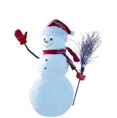 Cute smiling snowman with red scarf and hat with a broom in his hand isolated on transparent background