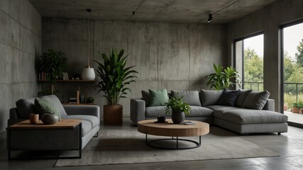 Fototapeta premium minimalist modern living room with concrete walls and floors