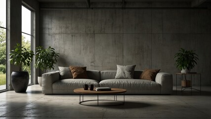 minimalist modern living room with concrete walls and floors