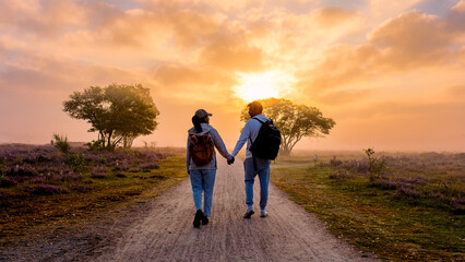 Couple strolling hand in hand through blooming heather fields at sunset in Veluwe Zuiderheide