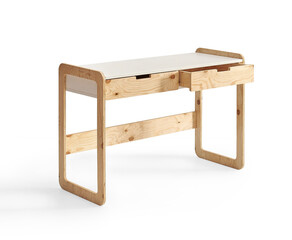 Wooden study desk isolated white background.