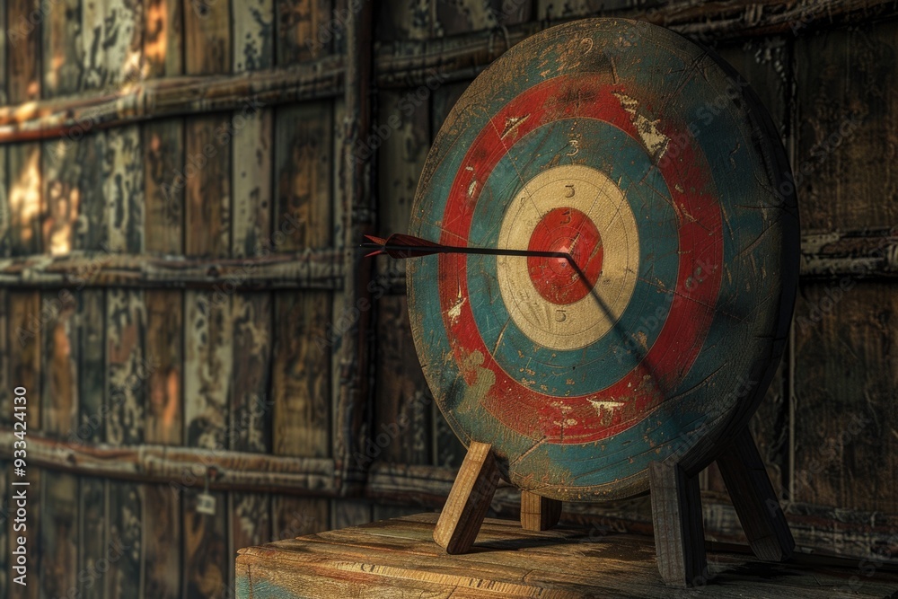 Poster a graphic illustration of a target with an arrow shot into its center