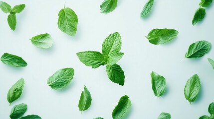  Delicate Mint Leaves on White Background, Gracefully Floating 