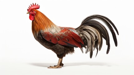 Fototapeta premium A rooster strutting through a barnyard, its tail feathers fanned out in a display of confidence