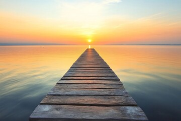 Obraz premium A peaceful wooden pier extending into a calm lake at sunrise. The warm glow of the sun reflects on the water. Perfect for relaxation and nature vibes. Generative AI