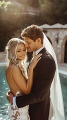 Naklejka premium The bride leans in to kiss her groom affectionately, celebrating their love on a warm, sunny wedding day