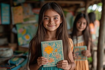 Fototapeta premium Smiling girl holding a handmade book with a floral cover, standing in a creative classroom