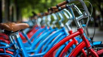 A row of red and blue bikes in a city.