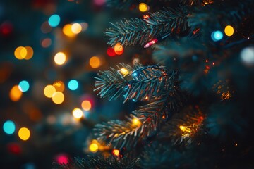 Blurred Christmas tree lights with vintage bokeh in a dark scene.