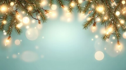 Obraz premium Bright string lights illuminate the greenery above a soft blue surface, creating a warm and inviting atmosphere for holiday celebrations