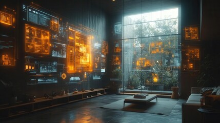 holographic shopping interface floating in modern loft translucent screens 3d product projections gesture controls soft ambient glow sleek minimalist decor